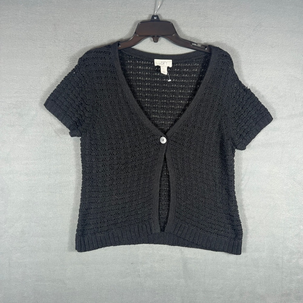 Ann Taylor LOFT Women Cardigan XL Black Solid Short Sleeve Single Button Vintage